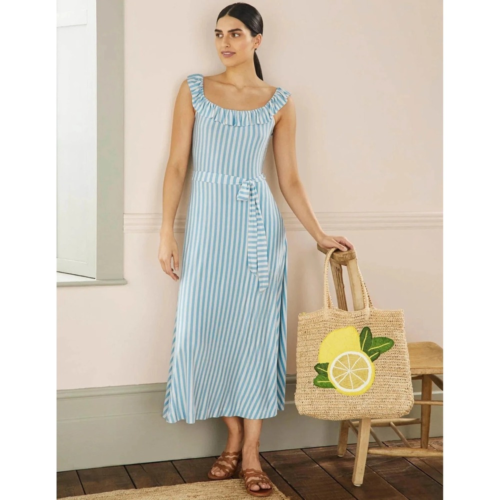 BODEN Womens Jersey Midi Dress Size 16 18 Blue Stripe Ruffle Neck Stretch Casual